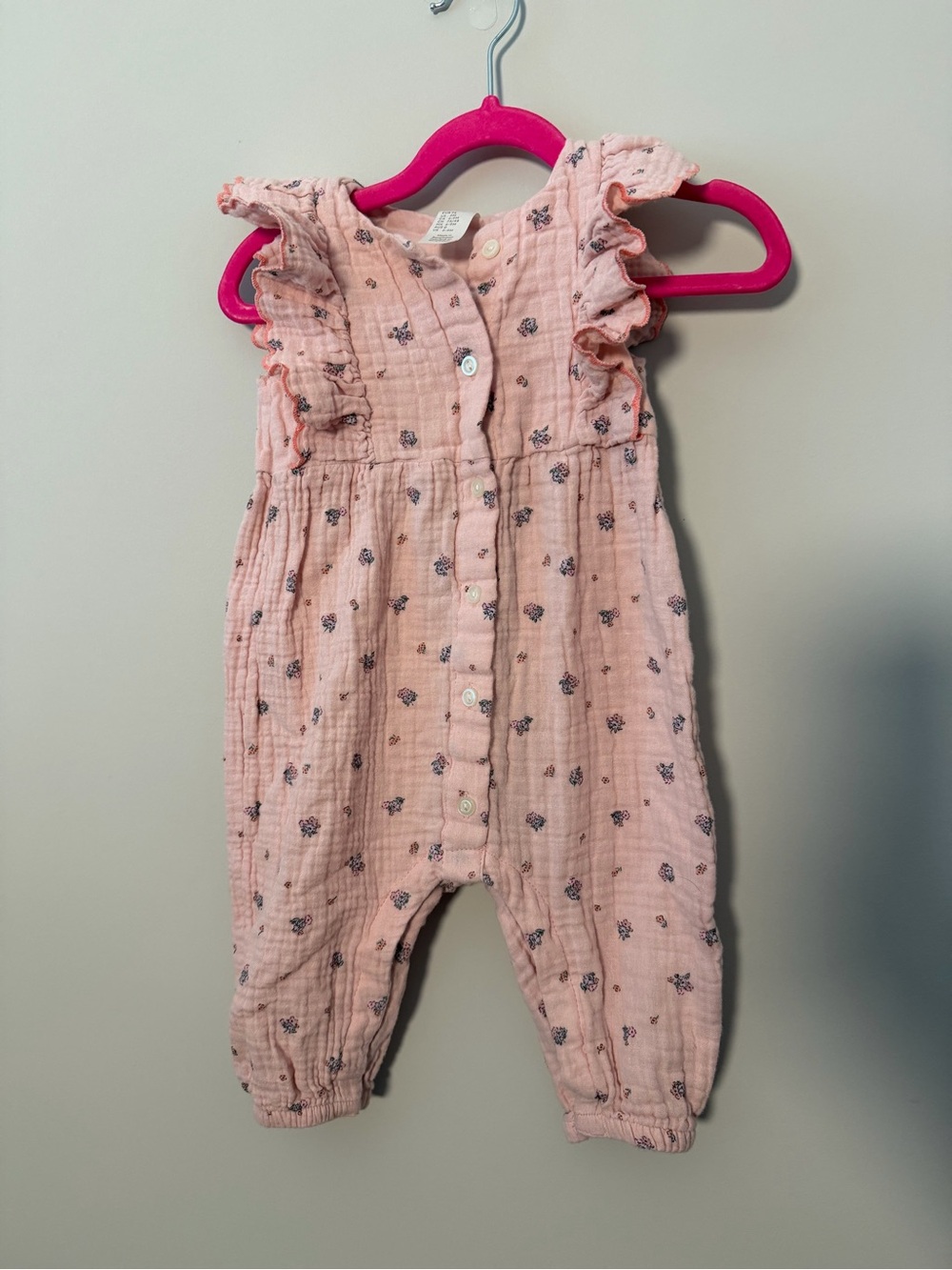 H&M Pink Floral Muslin One-Piece with Ruffle Shoulders Gauze Floral